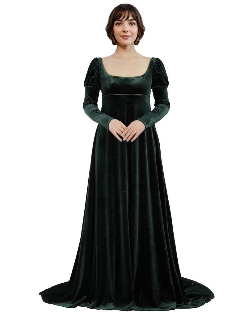 miccostumes Women's Medieval Renaissance Dress Queen Princess Cosplay Costume Empire Style Green Velvet Dress Low Neckline(XL) - Image 2