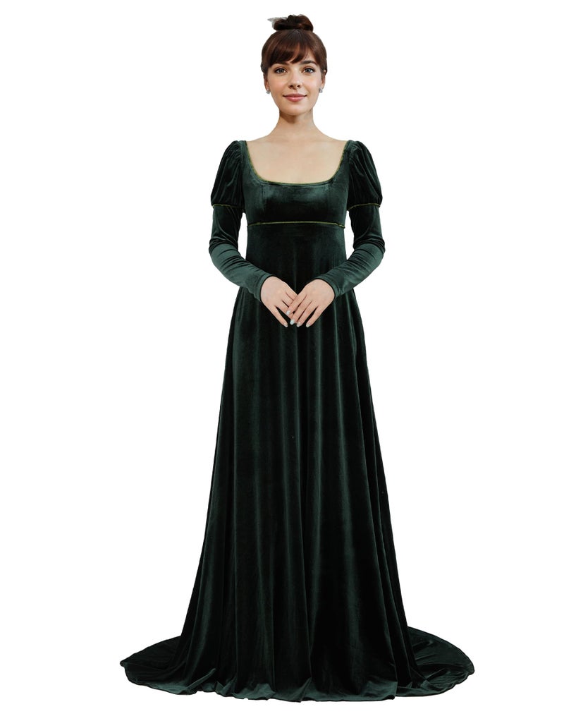 miccostumes Women's Medieval Renaissance Dress Queen Princess Cosplay Costume Empire Style Green Velvet Dress Low Neckline(XL) - Image 1