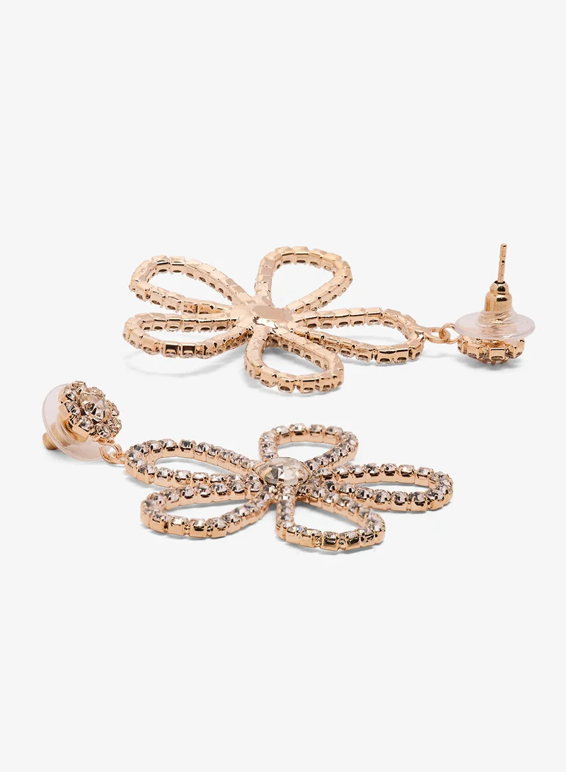 Ginger Flower Shaped Large Drop Down Earrings Rhinestone Embellished Gold