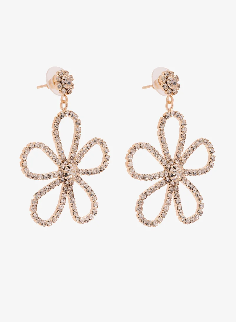Ginger Flower Shaped Large Drop Down Earrings Rhinestone Embellished Gold