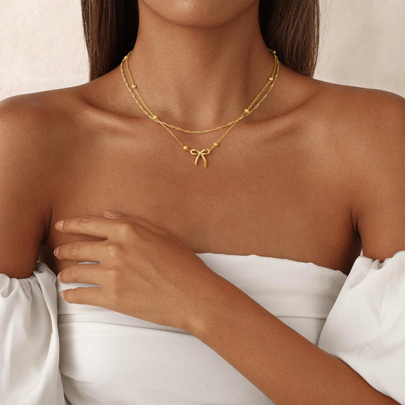 Yoosteel Easter Gifts for Women - Bow Necklaces Dainty 14K-Gold-Plate Bow Choker Necklaces Small Pendant Necklaces for Teenage Girl Women Trendy Gift Jewelry - Image 2