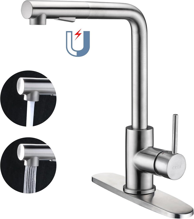 Crea Kitchen Faucets,Brushed Nickel Kitchen Faucet with Pull Down Sprayer,Stainless Steel Kitchen Faucet 3 Hole,Single Handle Bar Sink Faucet 1 Hole,RV Kitchen Sink Faucet for Campers,Bar Faucet… - Image 1