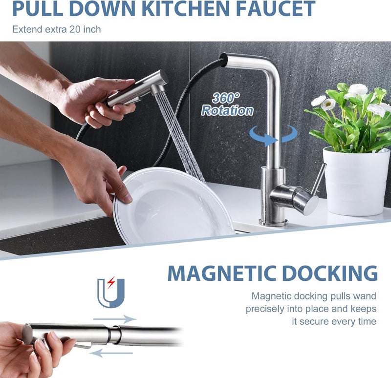 Crea Kitchen Faucets,Brushed Nickel Kitchen Faucet with Pull Down Sprayer,Stainless Steel Kitchen Faucet 3 Hole,Single Handle Bar Sink Faucet 1 Hole,RV Kitchen Sink Faucet for Campers,Bar Faucet… - Image 3