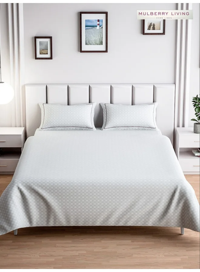 MULBERRY LIVING 100% Cotton - 300Tc Urban Grid Queen Size (160X200 Cms) Fitted Bedsheet With 2 Pillow Covers (50X75 Cm) - White