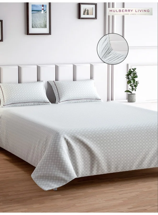 MULBERRY LIVING 100% Cotton - 300Tc Urban Grid Queen Size (160X200 Cms) Fitted Bedsheet With 2 Pillow Covers (50X75 Cm) - White
