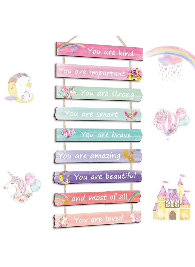 Yookeer مجموعة يوكير من 9 زينة غرف وردية للفتيات المراهقات، فن جدار وحيد القرن قوس قزح لغرفة نوم الفتيات، لافتات فن قوس قزح ملهمة لغرفة الأميرة، زينة غرفة نوم الأطفال - Image 1