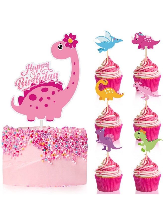 Containlol 37 Pieces Pink Dinosaur Cake Toppers for Girls Dinosaur Cupcake Toppers Girls Birthday Party Decorations Colorful Cake Decorations for Kids Birthday Girl Baby Shower Party Supplies - Image 1
