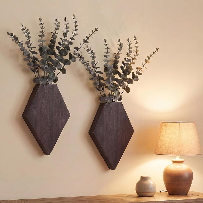 Chunful 2 Pcs Wooden Wall Planter Decor Hanging Fake Plants Greenery Flowers Holder Vase Boxes for Wall Bohemian Farmhouse Room Kitchen Office Indoor Decoration(Brown,7.1 x 4.7 x 1.2 Inches) - Image 1