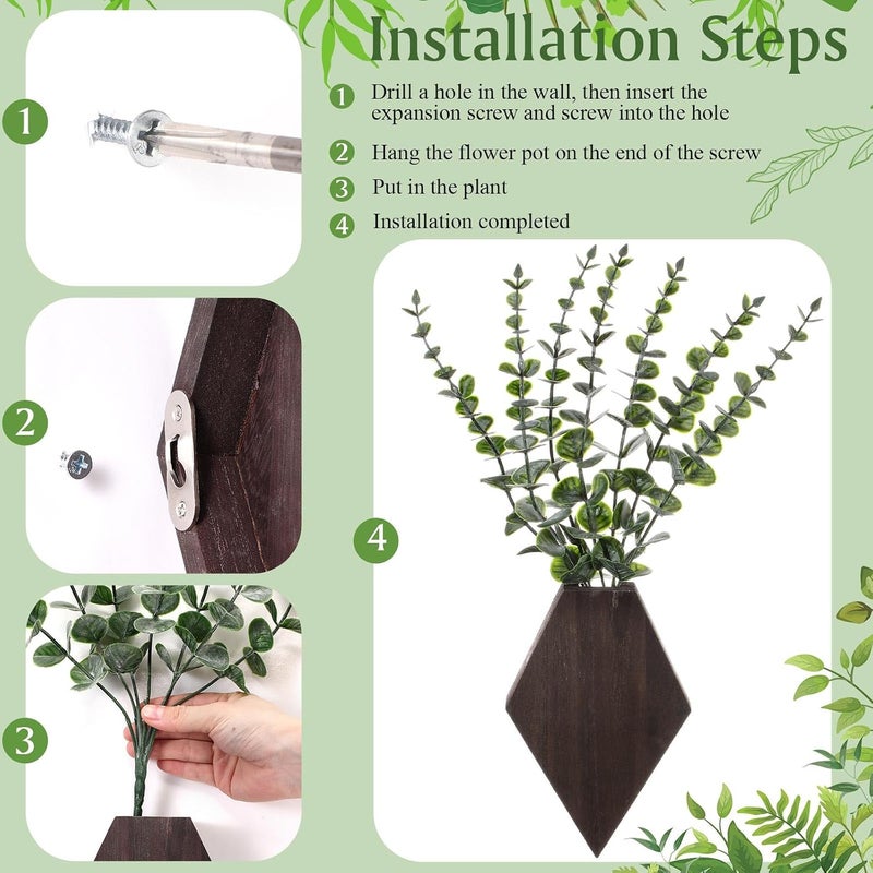 Chunful 2 Pcs Wooden Wall Planter Decor Hanging Fake Plants Greenery Flowers Holder Vase Boxes for Wall Bohemian Farmhouse Room Kitchen Office Indoor Decoration(Brown,7.1 x 4.7 x 1.2 Inches) - Image 4