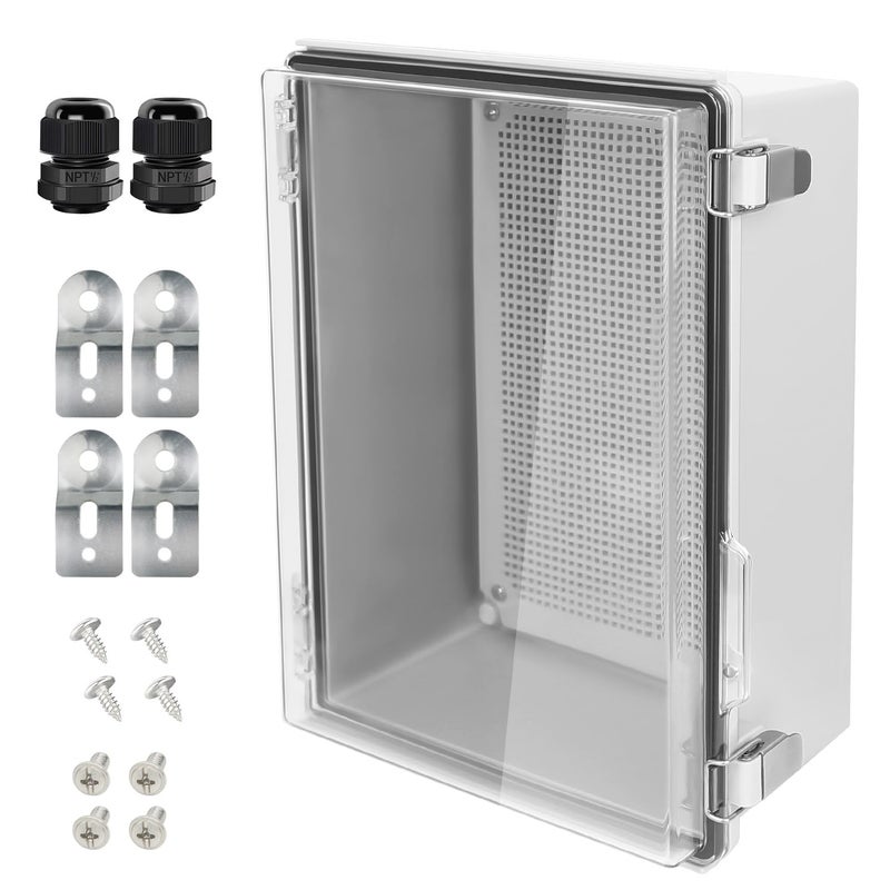 LeMotech Electrical Box IP67 Waterproof Hinged Clear Cover Stainless Steel Latch Junction Box ABS Plastic Electrical Enclosure with Mounting PlateWall Brackets Cable Glands138x98x59 Grey