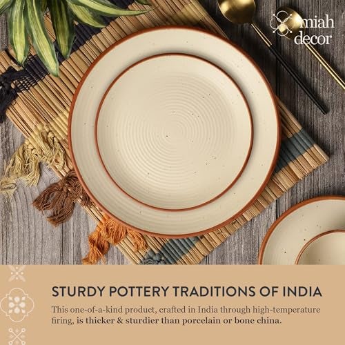 miah decor Quarter Plates Set of 4, Ceramic Stoneware Plates | Cream Snack & Side Plates with Brown Rim | Ribbed Design | Microwave & Dishwasher Safe (Dummy 7) - Image 3
