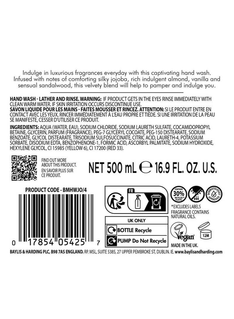Baylis & Harding  Jojoba, Vanilla and Almond Oil Hand Wash, 500ml | Vegan | Warmth, Comfort and Elegance | Silky Texture | Paraben Free  | Best Price UAE