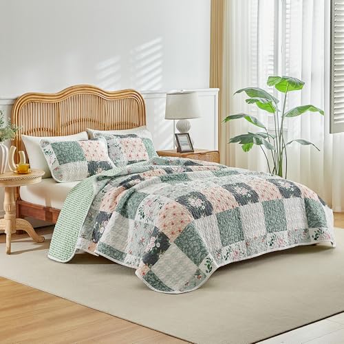 Joyreap 3 Pieces Floral Patchwork Quilt Set Queen, Green Flowers Design, Soft n Cozy Microfiber Quilt, Bedspread Bed Cover for All Season, 1 Quilt and 2 Pillow Shams- 90x90 inches - Image 2