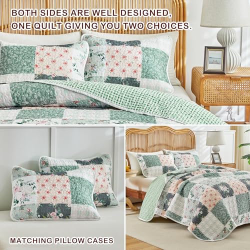Joyreap 3 Pieces Floral Patchwork Quilt Set Queen, Green Flowers Design, Soft n Cozy Microfiber Quilt, Bedspread Bed Cover for All Season, 1 Quilt and 2 Pillow Shams- 90x90 inches - Image 5