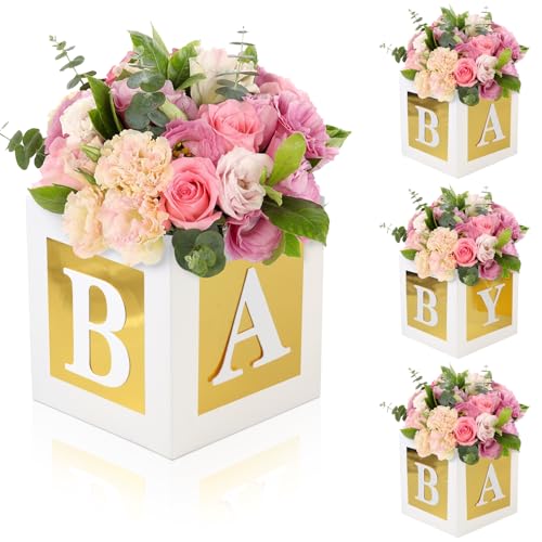 RTHPY 4 Pcs Baby Shower Flower Boxes Table Centerpieces Decoration Gold Baby Block Floral Holder Centerpiece Baby In Bloom Gender Reveal Birthday Party Decors Table Display Its A Girl Its A Boy - Image 1