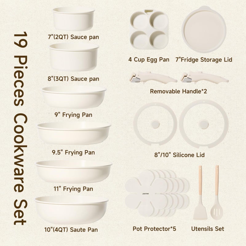 JEETEE Pots and Pans Set Non Stick 19pcs, Kitchen Cookware Sets with Detachable Handle, Induction Nonstick Cookware Set with Removable Handle, Stackable RV Cookware, Oven Safe, PFAS/PFOA Free, Beige - Image 2
