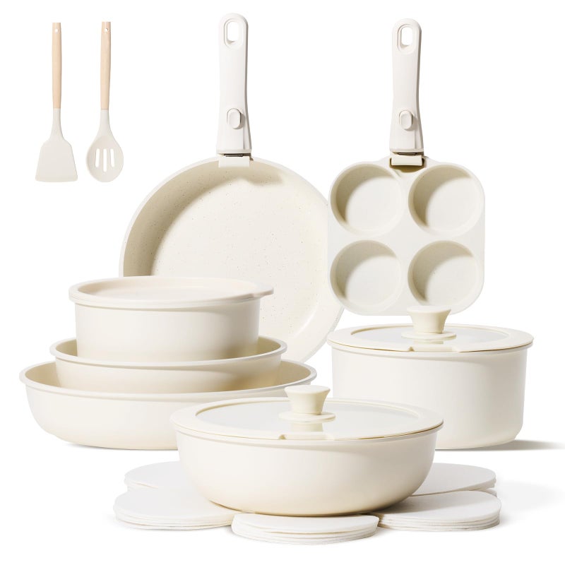 JEETEE Pots and Pans Set Non Stick 19pcs, Kitchen Cookware Sets with Detachable Handle, Induction Nonstick Cookware Set with Removable Handle, Stackable RV Cookware, Oven Safe, PFAS/PFOA Free, Beige - Image 1