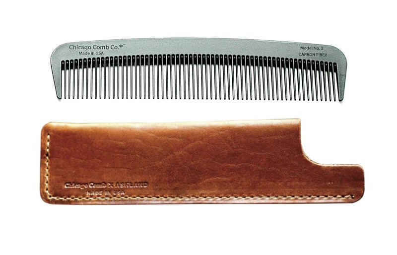 Chicago Comb Model 3 Carbon Fiber  English Tan Horween leather sheath Made in USA Antistatic 55 inches 14 cm long Finetooth Pocket and Travel Comb