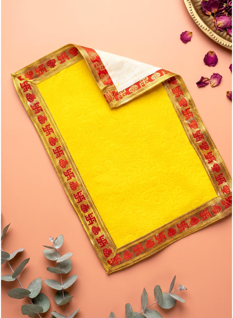Madhoor Velvet Swastik Kalash Decorative Pooja Aasan Yellow for Pooja, Deity Idol Placement & Home Temples, 5 x 5 Inches