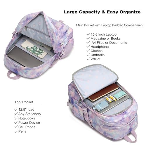 Hidds Laptop Backpacks 16 Inch School Bag College Backpack Anti Theft Travel Casual Daypack Bags Cute Bookbags Large Colorfull Carry on Back Pack for Teens Girls Women Students (Tie-Dye Purple) - Image 3