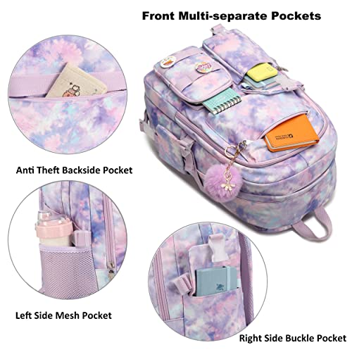Hidds Laptop Backpacks 16 Inch School Bag College Backpack Anti Theft Travel Casual Daypack Bags Cute Bookbags Large Colorfull Carry on Back Pack for Teens Girls Women Students (Tie-Dye Purple) - Image 4
