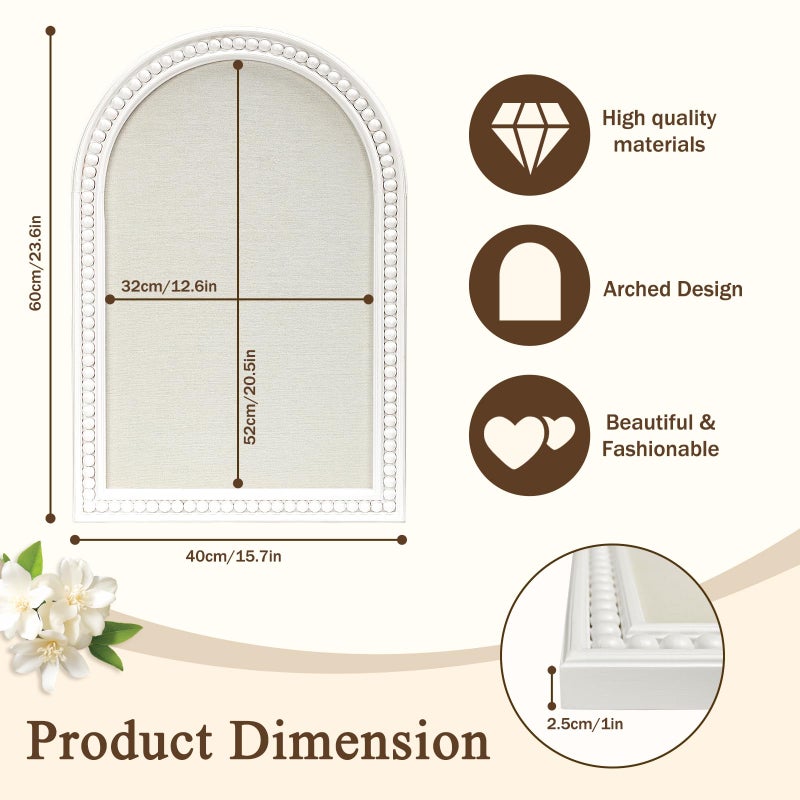 Umtiti 16" x 24" Linen Bulletin Board, Arched White Wooden Frame with Beadsï¼ŒElegant Style Pin Board Wall Organizer,4060WH - Image 2