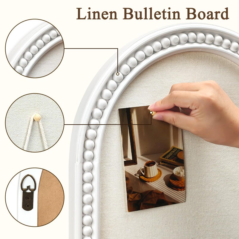 Umtiti 16" x 24" Linen Bulletin Board, Arched White Wooden Frame with Beadsï¼ŒElegant Style Pin Board Wall Organizer,4060WH - Image 3