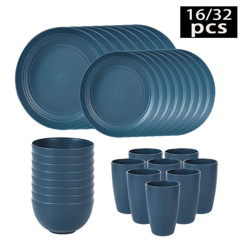 Dark Blue 32pcs Dinnerware Set Water Cup Plate Bowl Dishwasher Safe Plastic Home Camping - Image 1