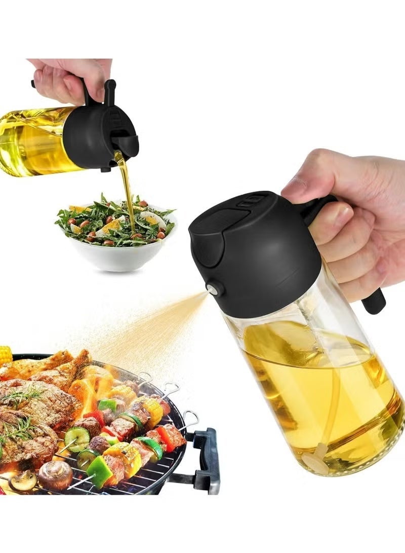 Oil Spray Bottle 2 in 1 Oil Dispenser & Sprayer (16oz / 470ml) for Cooking, Salad, BBQ - Olive Oil Spray Bottle Large Capacity for Kitchen, Air Fryer, Baking, Grilling - with Handle (Black)