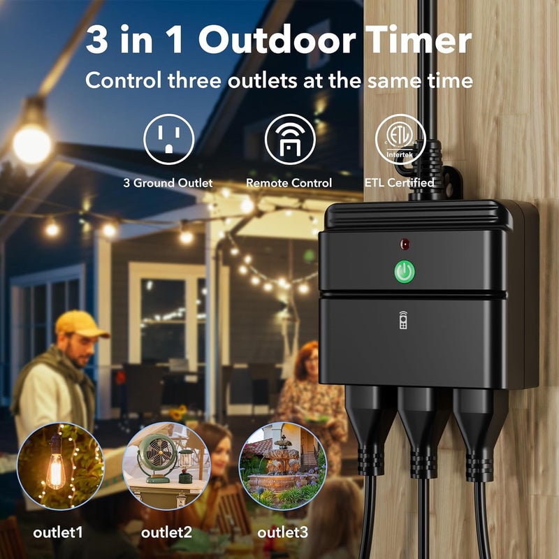 BN-LINK Outdoor Indoor Wireless Remote Control 3-Prong Outlet Weather Proof Heavy Duty 15 AMP Compact (Black) 3 Grounded Outlets with Remote 6-inch Cord 100ft Range ETL Listed - Image 2