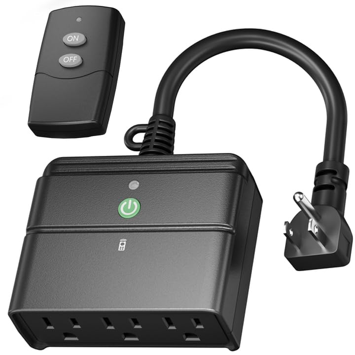 BN-LINK Outdoor Indoor Wireless Remote Control 3-Prong Outlet Weather Proof Heavy Duty 15 AMP Compact (Black) 3 Grounded Outlets with Remote 6-inch Cord 100ft Range ETL Listed - Image 1