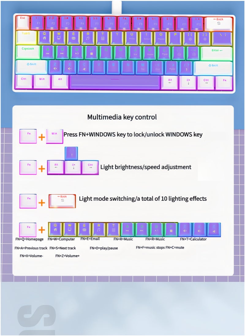 SUNNYSEE 61 Key RGB Mechanical Keyboard Purple and White Dual Color Keycaps Office Gaming Type-c Interface Wired Keyboard with Arabic Support for Win/Mac  - Image 2