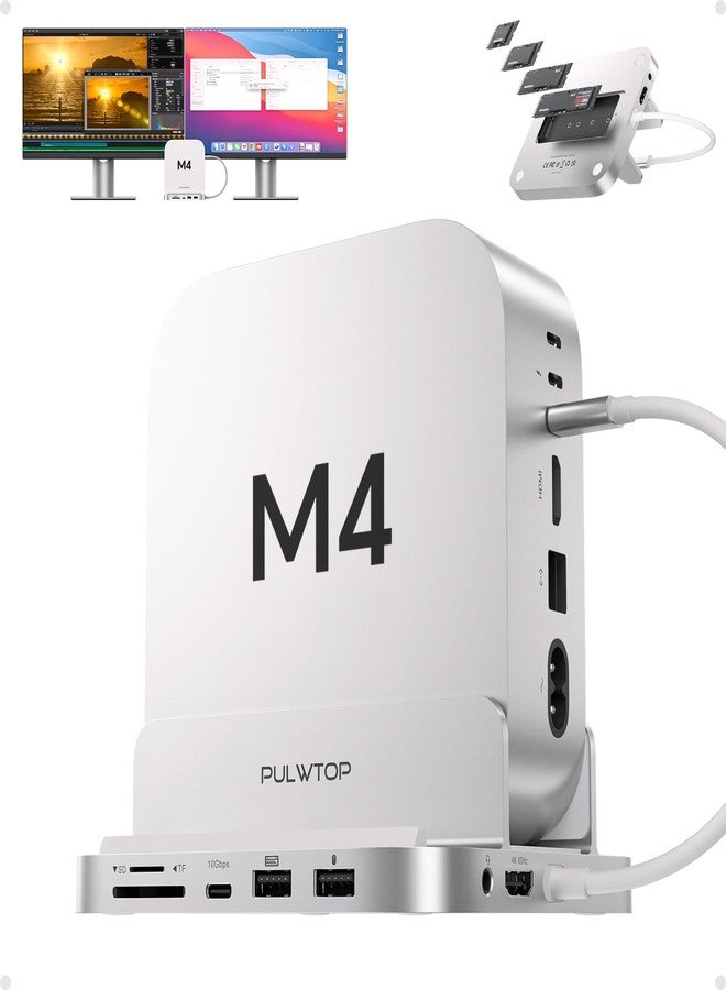 PULWTOP Mac mini M4 Dock with 4TB M.2 SSD Enclosure, Aluminum Vertical USB-C Hub for MacminiM4 Pro Hub Stand with USB-A/C 3.2 10Gbps, 2xUSB-A 2.0, 3.5mm Audio, SD/TF (9 in 1 Mac mini M4 Dock) - Image 1