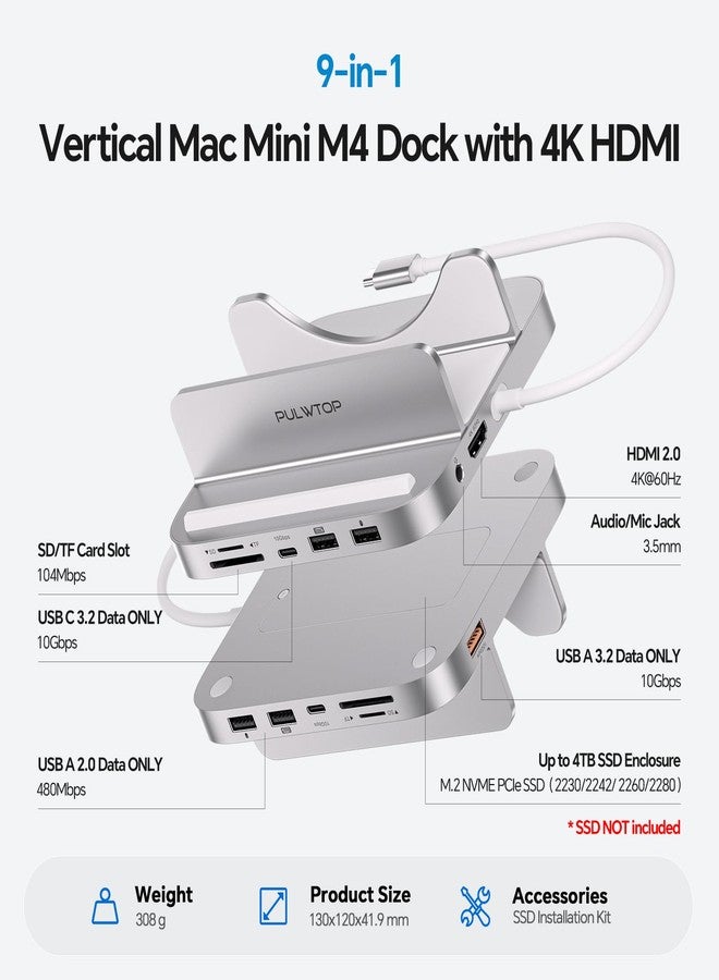 PULWTOP Mac mini M4 Dock with 4TB M.2 SSD Enclosure, Aluminum Vertical USB-C Hub for MacminiM4 Pro Hub Stand with USB-A/C 3.2 10Gbps, 2xUSB-A 2.0, 3.5mm Audio, SD/TF (9 in 1 Mac mini M4 Dock) - Image 2
