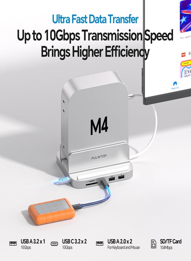PULWTOP Mac mini M4 Dock with 4TB M.2 SSD Enclosure, Aluminum Vertical USB-C Hub for MacminiM4 Pro Hub Stand with USB-A/C 3.2 10Gbps, 2xUSB-A 2.0, 3.5mm Audio, SD/TF (9 in 1 Mac mini M4 Dock) - Image 5