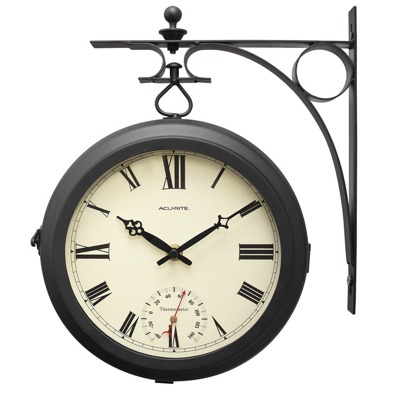 Acurite AcuRite 9Inch IndoorOutdoor DoubleSided Hanging Clock with 360Degree Spin Functionality Iron Metal Frame Glass Lens Quartz Crystal Movement Weatherproof and Premium Thermometer 75140MBlack 