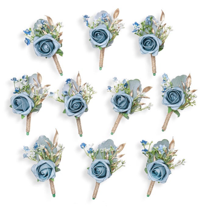 ROSE BOUTONNIERES FOR MEN WEDDING GROOM AND GROOMSMEN BOUTONNIERE FOR RUSTIC FALL VINTAGE WEDDING PROM DUSTY BLUESET OF 10