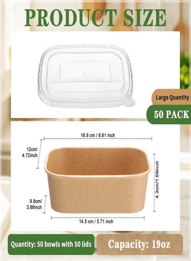 Maxdot 50 Pack Disposable Kraft Paper Bowls with PP Lids Rectangle Paper Food Containers for Lunch Meal Prep,Salad,Ice Cream,Yogurt,Soup Bowls Party Supplies (Brown,19 oz) - Image 2