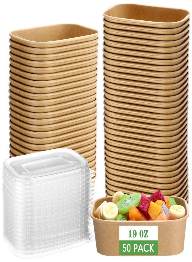 Maxdot 50 Pack Disposable Kraft Paper Bowls with PP Lids Rectangle Paper Food Containers for Lunch Meal Prep,Salad,Ice Cream,Yogurt,Soup Bowls Party Supplies (Brown,19 oz) - Image 1