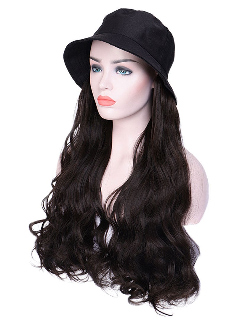 Sharpdo - Black Bucket Hat High Temperature Silk Long Straight Hair Synthetic Wig - Image 1