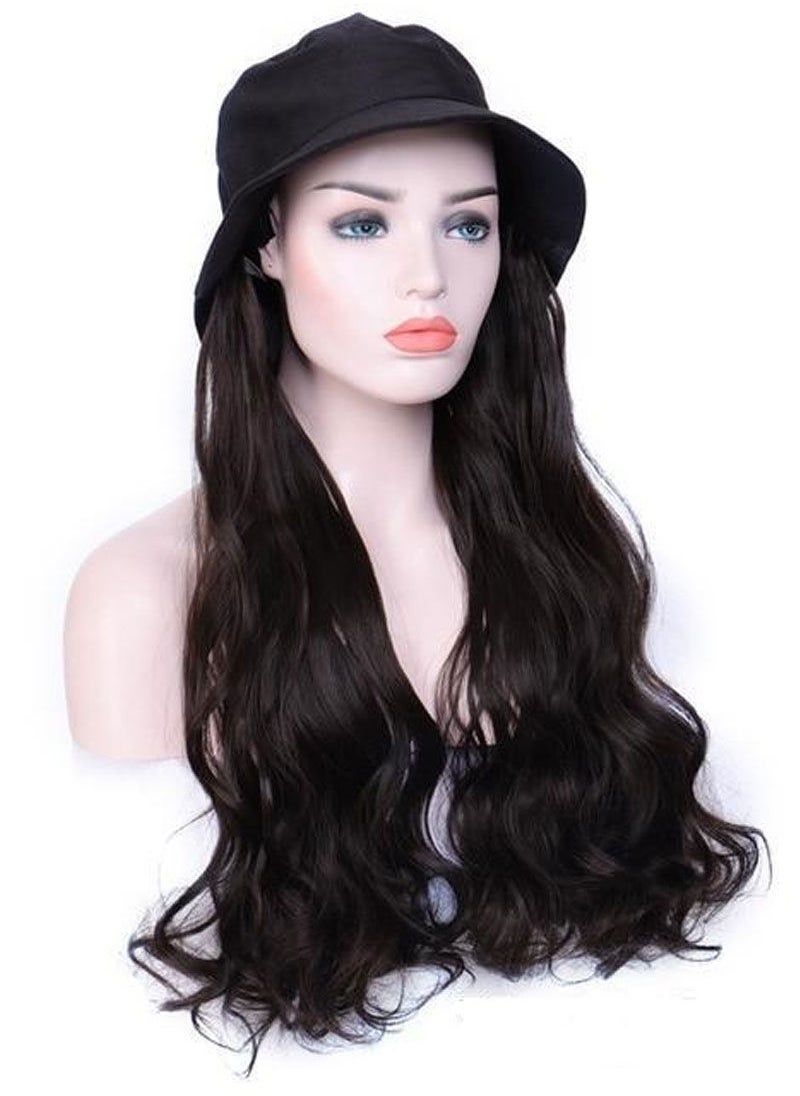 Sharpdo - Black Bucket Hat High Temperature Silk Long Straight Hair Synthetic Wig - Image 1