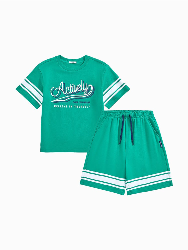 Balabala Boys' Two-Piece Set - T-Shirt And Shorts With Line Details - Image 1