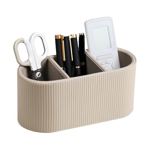 Cretkhp Aesthetic Remote Control Holder, PU Leather Pen Holder for Desk with 3 Compartments for Home Office Supplies and Accessories, Stylish Bedside Remote Holder Nightstand Desktop Organizer (Beige) - Image 1