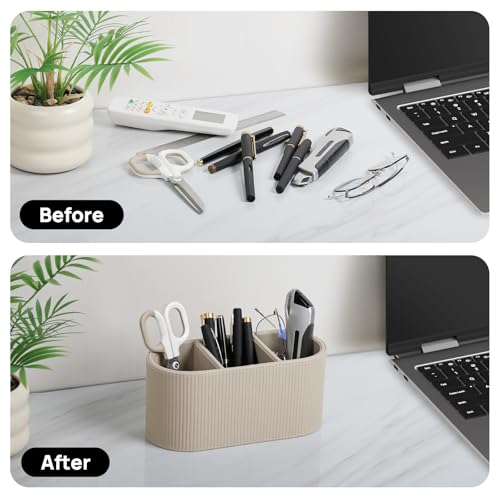 Cretkhp Aesthetic Remote Control Holder, PU Leather Pen Holder for Desk with 3 Compartments for Home Office Supplies and Accessories, Stylish Bedside Remote Holder Nightstand Desktop Organizer (Beige) - Image 4