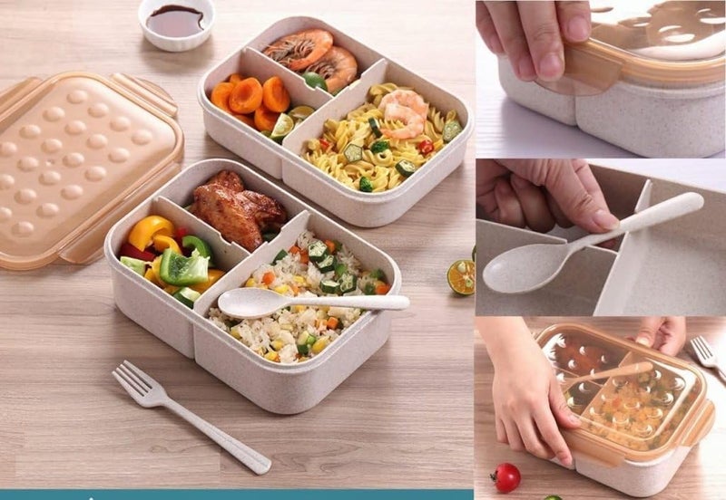COZY CORNER Wheat Straw Fiber Lunch Box, 3 Compartment Tiffin Box with Spoon, Microwave Safe Food Container, Multicolor - Image 4