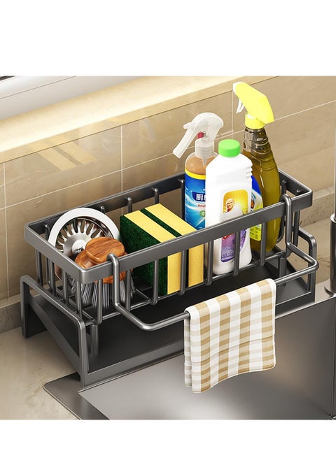 Kitchen Sink Caddy Sponge Holder with Dishcloth Drying Rack Kitchen Rag Stand Sponge Brush Soap Dish Dishcloth Rack Sink Storage Organizer for Kitchen Countertop Grey.