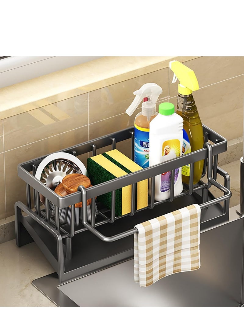 TYCOM Kitchen Sink Caddy Sponge Holder with Dishcloth Drying Rack Kitchen Rag Stand Sponge Brush Soap Dish Dishcloth Rack Sink Storage Organizer for Kitchen Countertop Grey.  - Image 1
