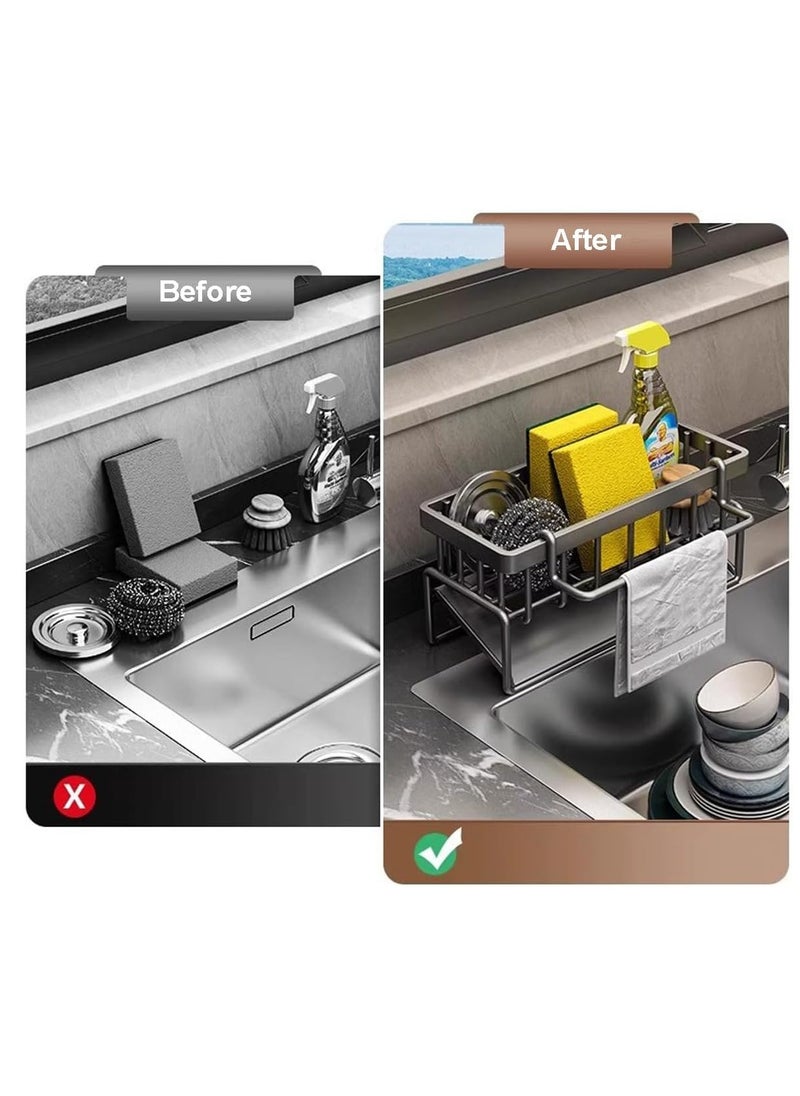 TYCOM Kitchen Sink Caddy Sponge Holder with Dishcloth Drying Rack Kitchen Rag Stand Sponge Brush Soap Dish Dishcloth Rack Sink Storage Organizer for Kitchen Countertop Grey.  - Image 5