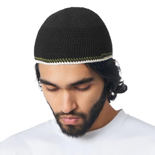 CHARM Mens Skull Cap Cotton Kufi - Beanie Hand Made Knitted Hat Elastic Tight Japanese Womens Black - Image 1