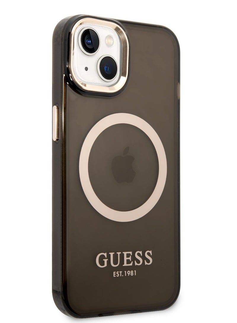 GUESS iPhone 14 Plus Case MagSafe Back Cover with Translucent Gold Outline / Lifted Ring Case / Slim Profile / Easy Snap-On / Drop & Bumper Protection - Black - Image 3
